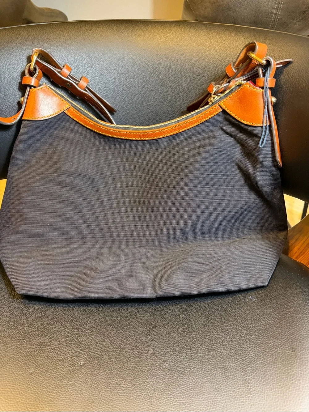 Dooney & Bourke - Black Canvas Shoulder Bag W/Leather Trims
